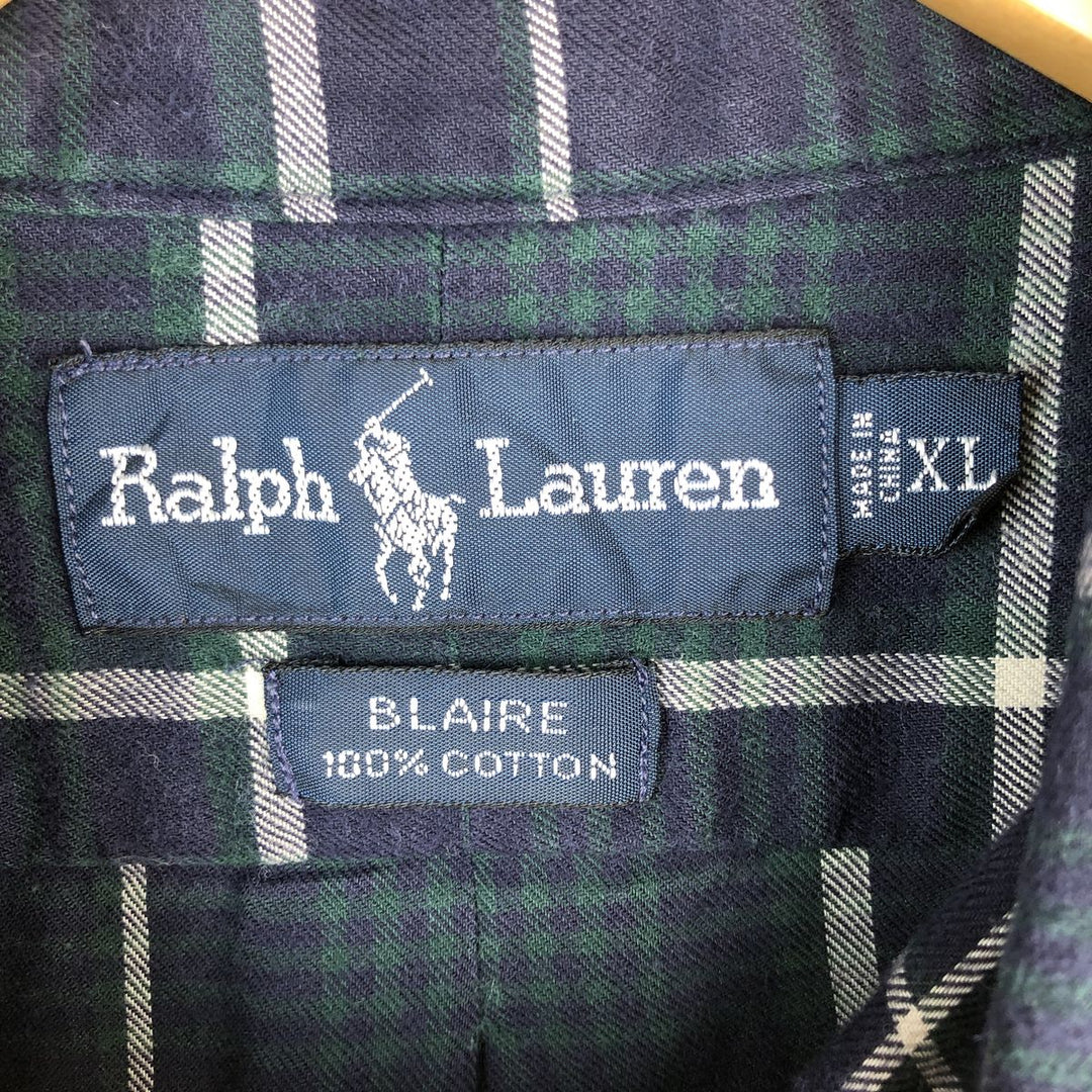 Ralph Lauren BLAIRE long sleeve button down check shirt, men's XL size cotton navy blue type Vintage Second Hand