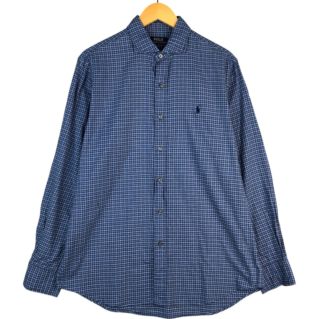 Ralph Lauren Classic Fit Wide Collar Long Sleeve Cotton Check Shirt, Men's Size L cotton Blue type light blue Vintage Second Hand