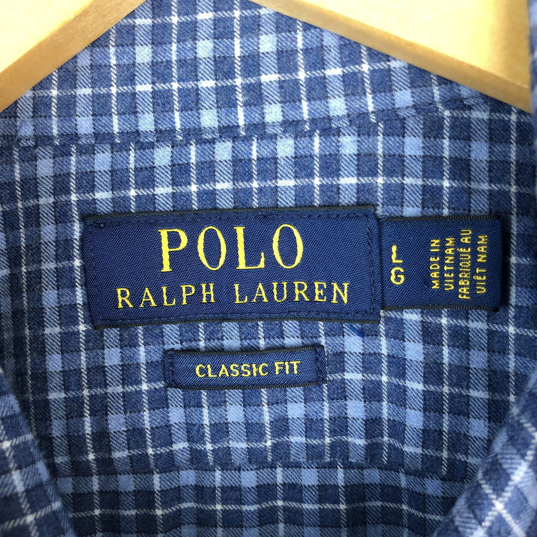 Ralph Lauren Classic Fit Wide Collar Long Sleeve Cotton Check Shirt, Men's Size L cotton Blue type light blue Vintage Second Hand