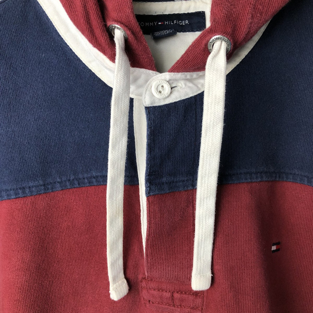 Vintage Tommy Hilfiger striped hooded long-sleeved rugby shirt, size L, men's size L cotton navy blue type Vintage Second Hand
