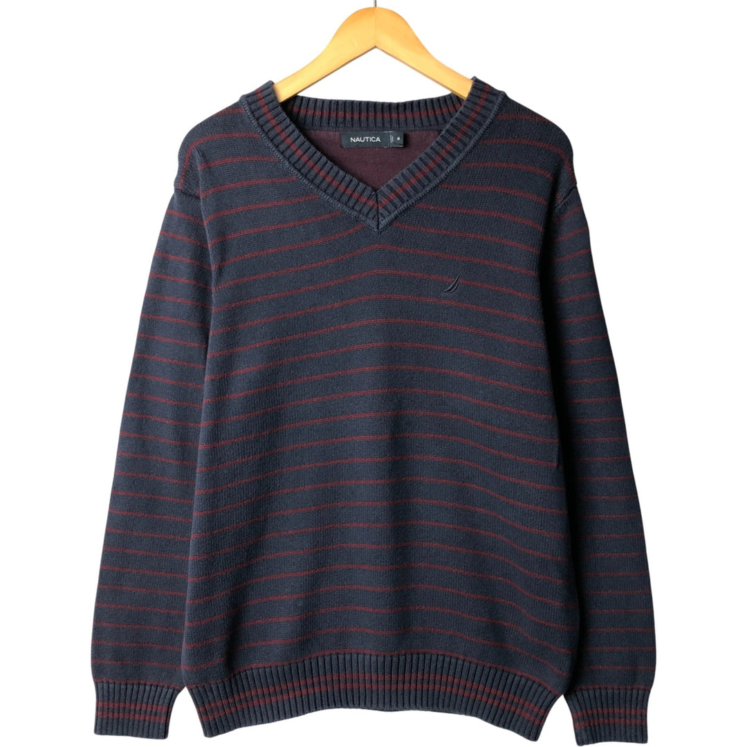 2000'S - NAUTICA Striped V-Neck Cotton Knit Sweater, Men's Size M cotton navy blue type Vintage Second Hand