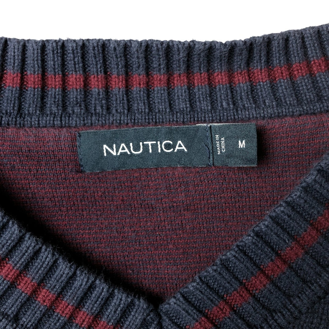 2000'S - NAUTICA Striped V-Neck Cotton Knit Sweater, Men's Size M cotton navy blue type Vintage Second Hand
