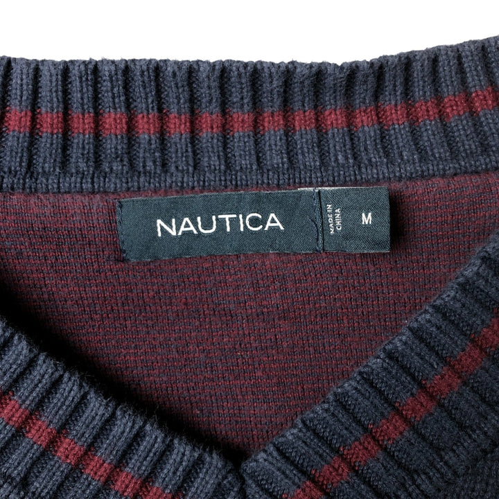 2000'S - NAUTICA Striped V-Neck Cotton Knit Sweater, Men's Size M cotton navy blue type Vintage Second Hand