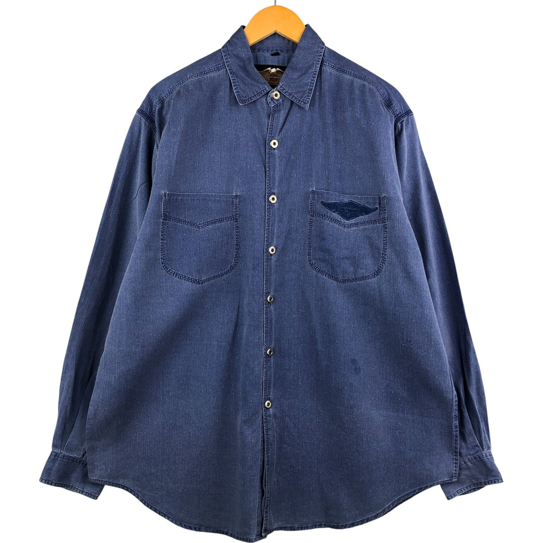 Harley-Davidson Long Sleeve Denim Shirt, Men's Size L cotton navy blue type Vintage Second Hand