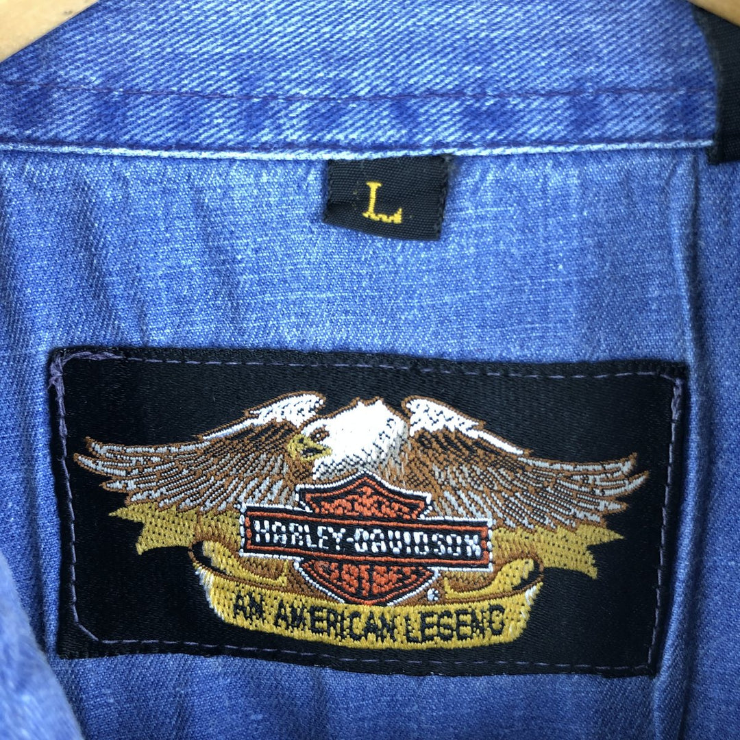 Harley-Davidson Long Sleeve Denim Shirt, Men's Size L cotton navy blue type Vintage Second Hand