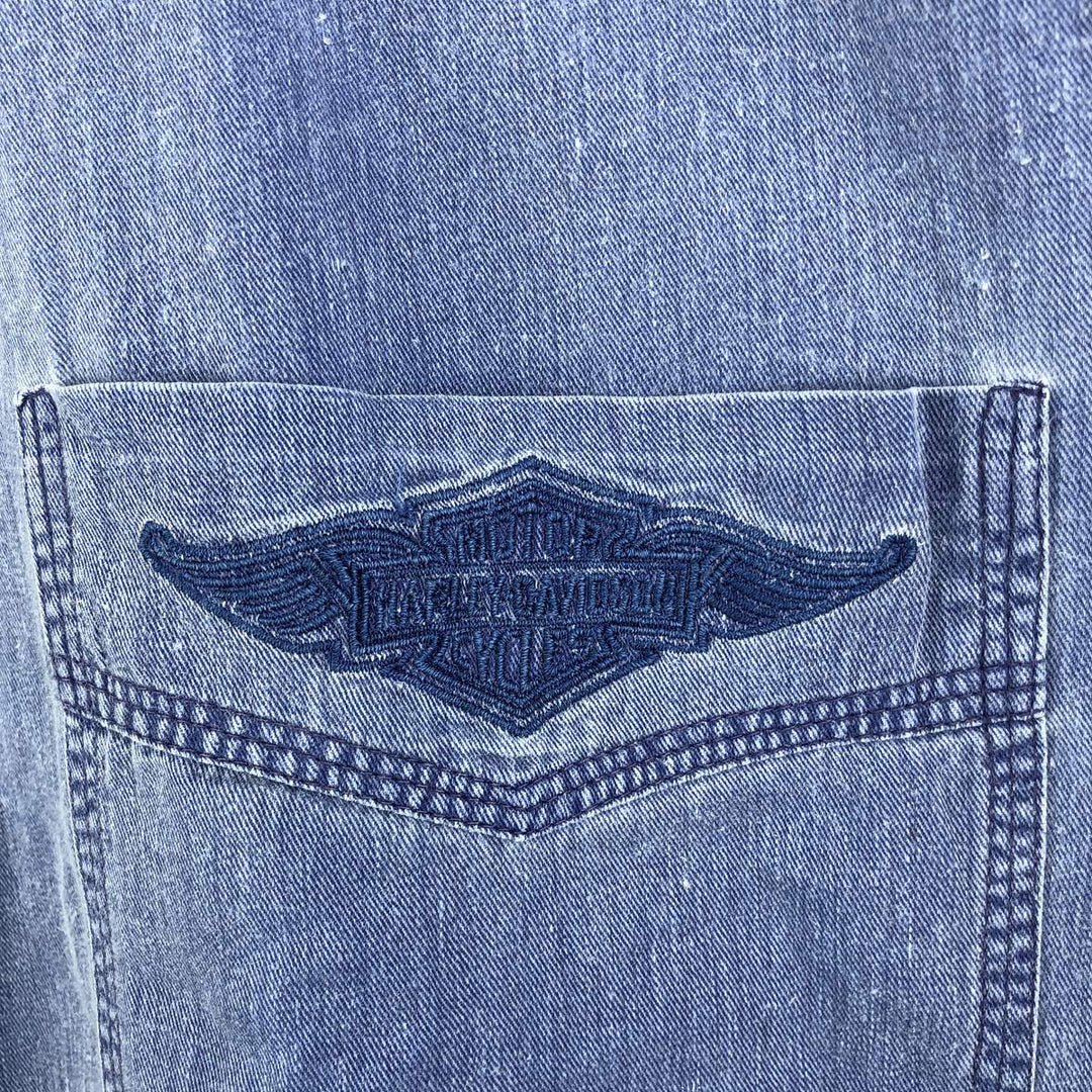 Harley-Davidson Long Sleeve Denim Shirt, Men's Size L cotton navy blue type Vintage Second Hand