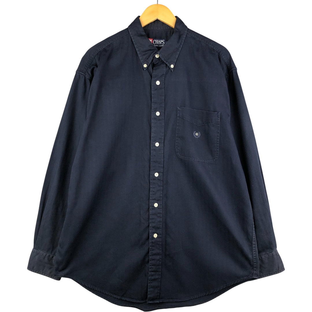Ralph Lauren CHAPS herringbone long-sleeved button-down shirt, men's size L cotton navy blue type Vintage Second Hand