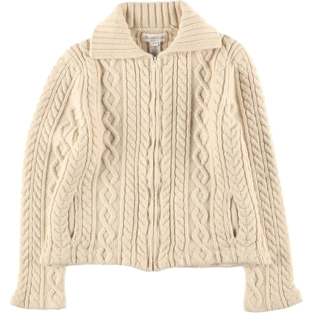 JONES NEW YORK Cable Knit Collared Wool Knit Full-Zip Sweater, Women's Size M Merino wool pale white type Vintage Second Hand