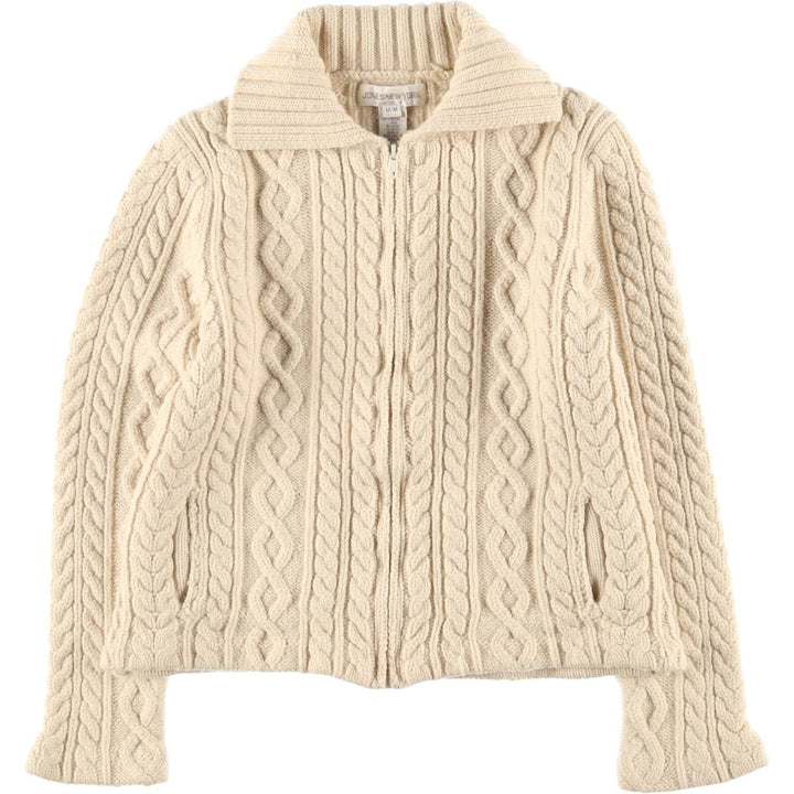 JONES NEW YORK Cable Knit Collared Wool Knit Full-Zip Sweater, Women's Size M Merino wool pale white type Vintage Second Hand