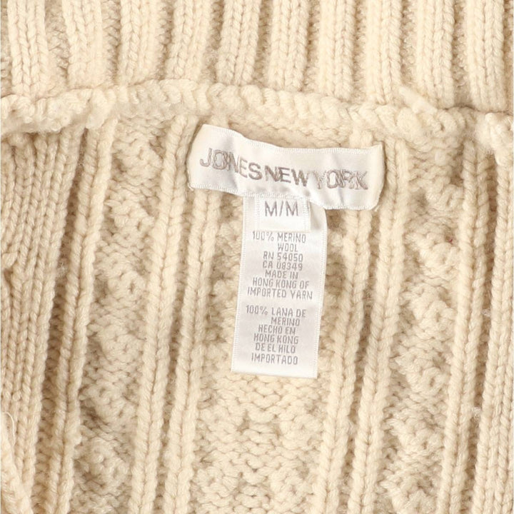 JONES NEW YORK Cable Knit Collared Wool Knit Full-Zip Sweater, Women's Size M Merino wool pale white type Vintage Second Hand