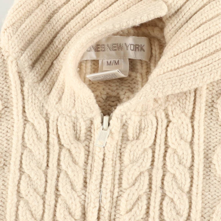 JONES NEW YORK Cable Knit Collared Wool Knit Full-Zip Sweater, Women's Size M Merino wool pale white type Vintage Second Hand