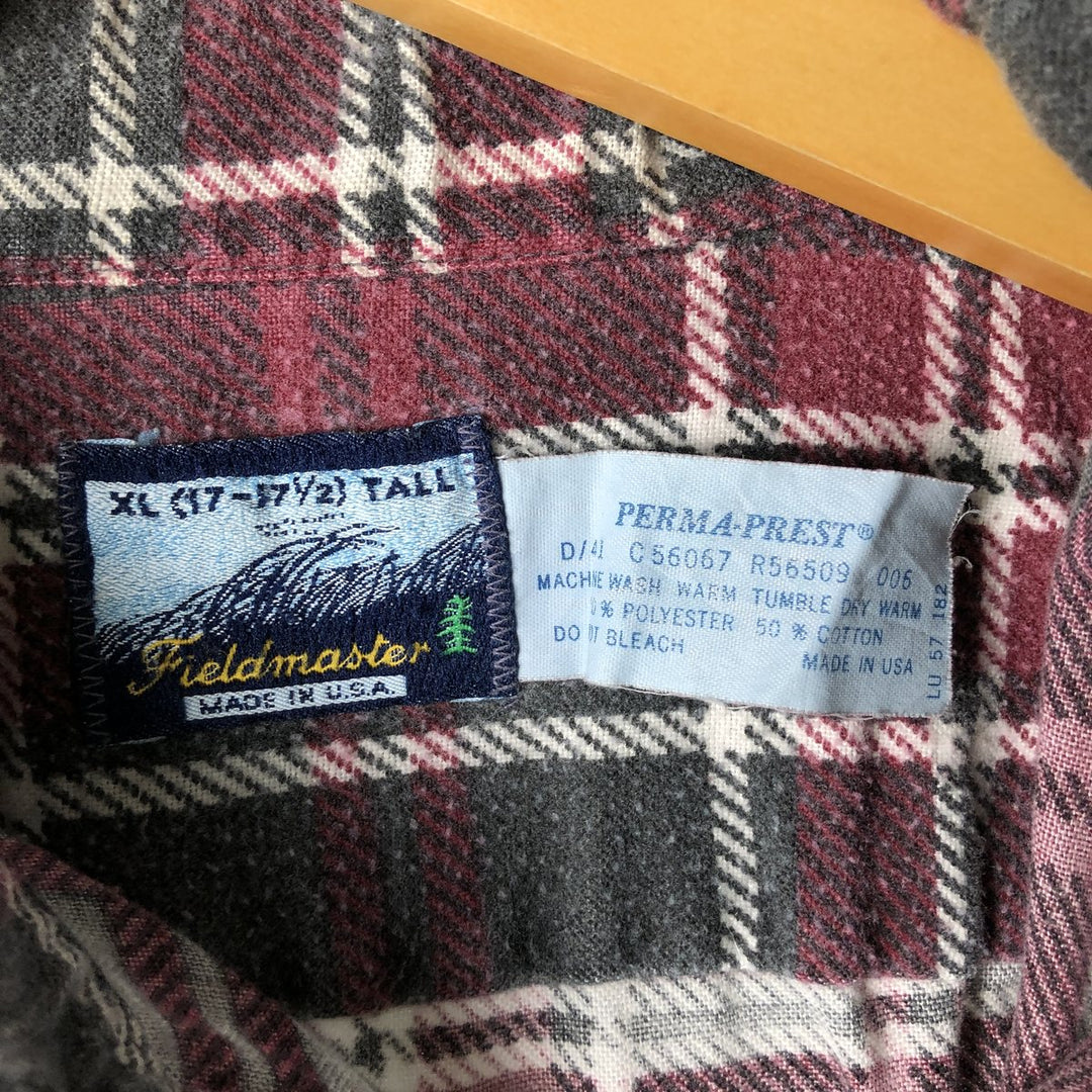 80s-90'S Field Master Long Sleeve Printed Flannel Check Shirt, Made in USA, Men's Size XL cotton wine-red Vintage Second Hand