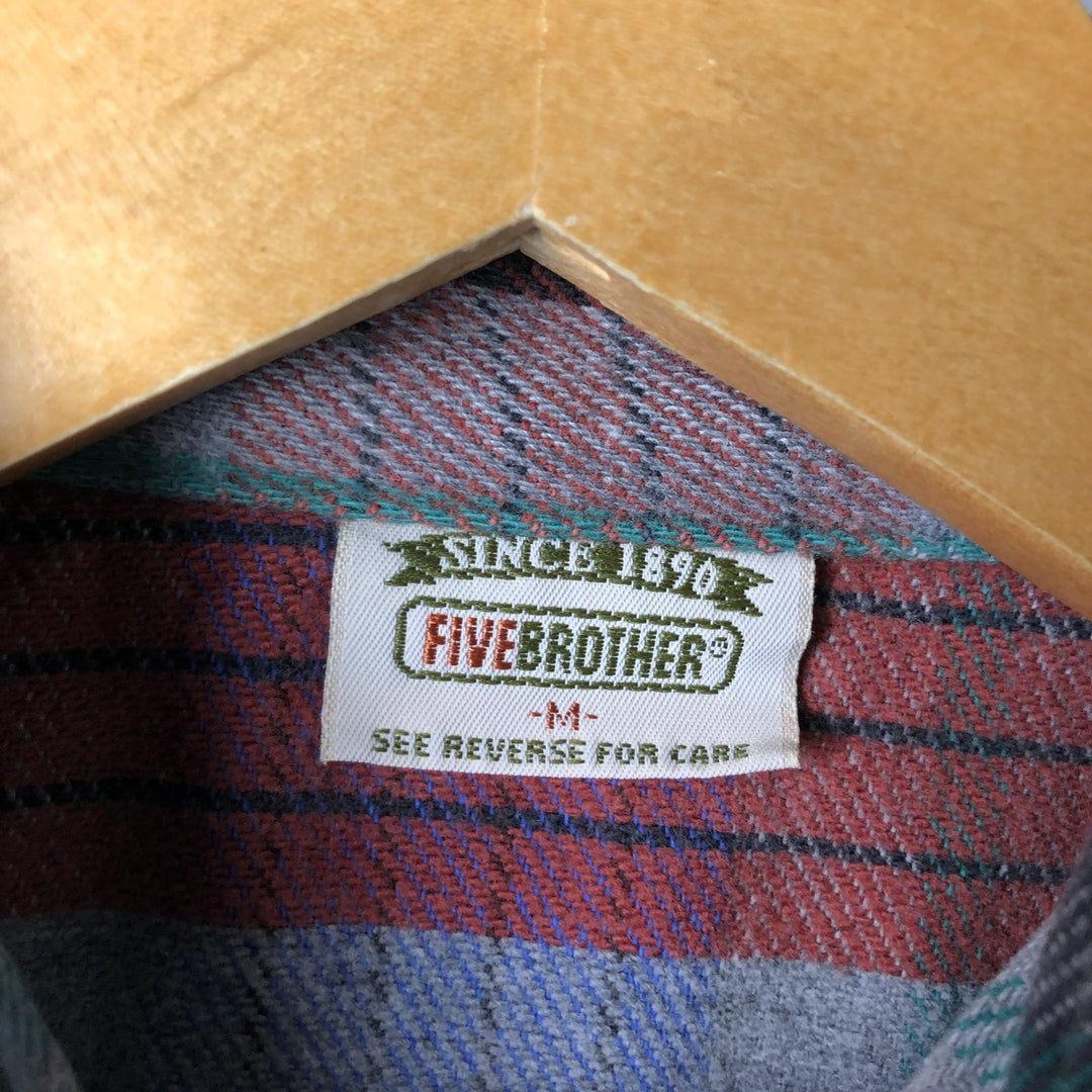 90'S Five Brother FIVEBROTHER Long Sleeve Flannel Check Shirt with Collar, Men's Size Medium, Vintage unclear blue type Vintage Second Hand