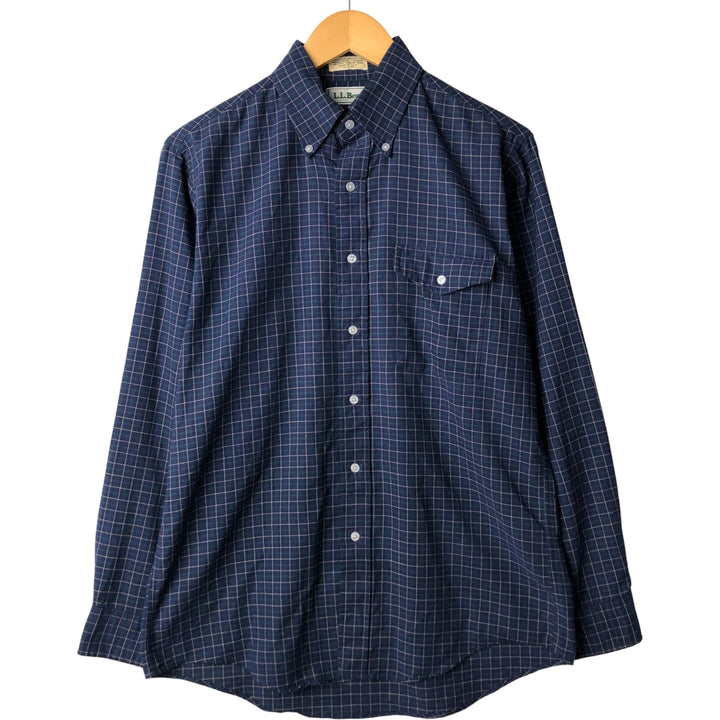 Vintage LLBean long-sleeved button-down check shirt from the 1980'S to 1990s, made in the USA, size M. cotton navy blue type Vintage Second Hand