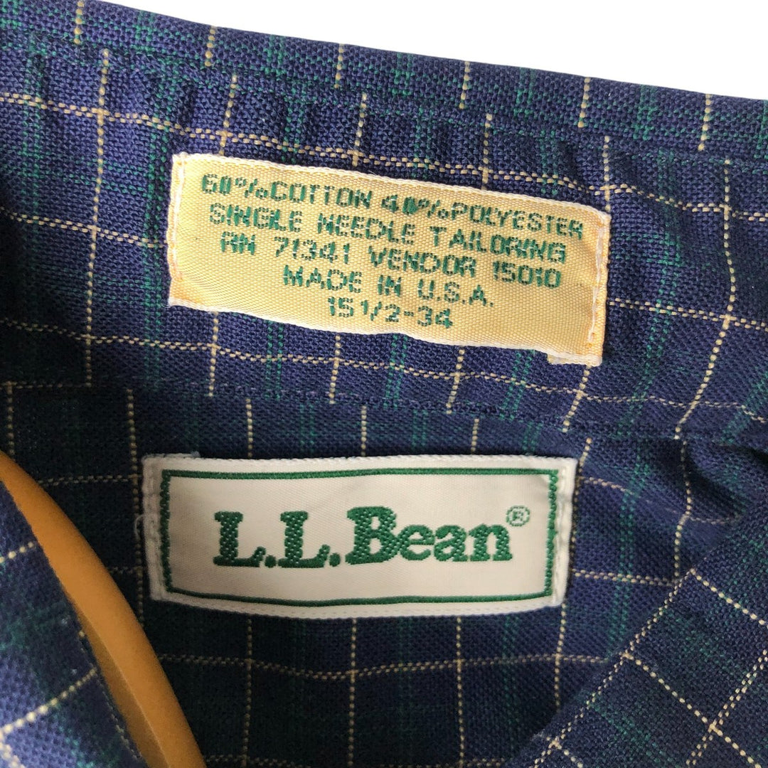 Vintage LLBean long-sleeved button-down check shirt from the 1980'S to 1990s, made in the USA, size M. cotton navy blue type Vintage Second Hand
