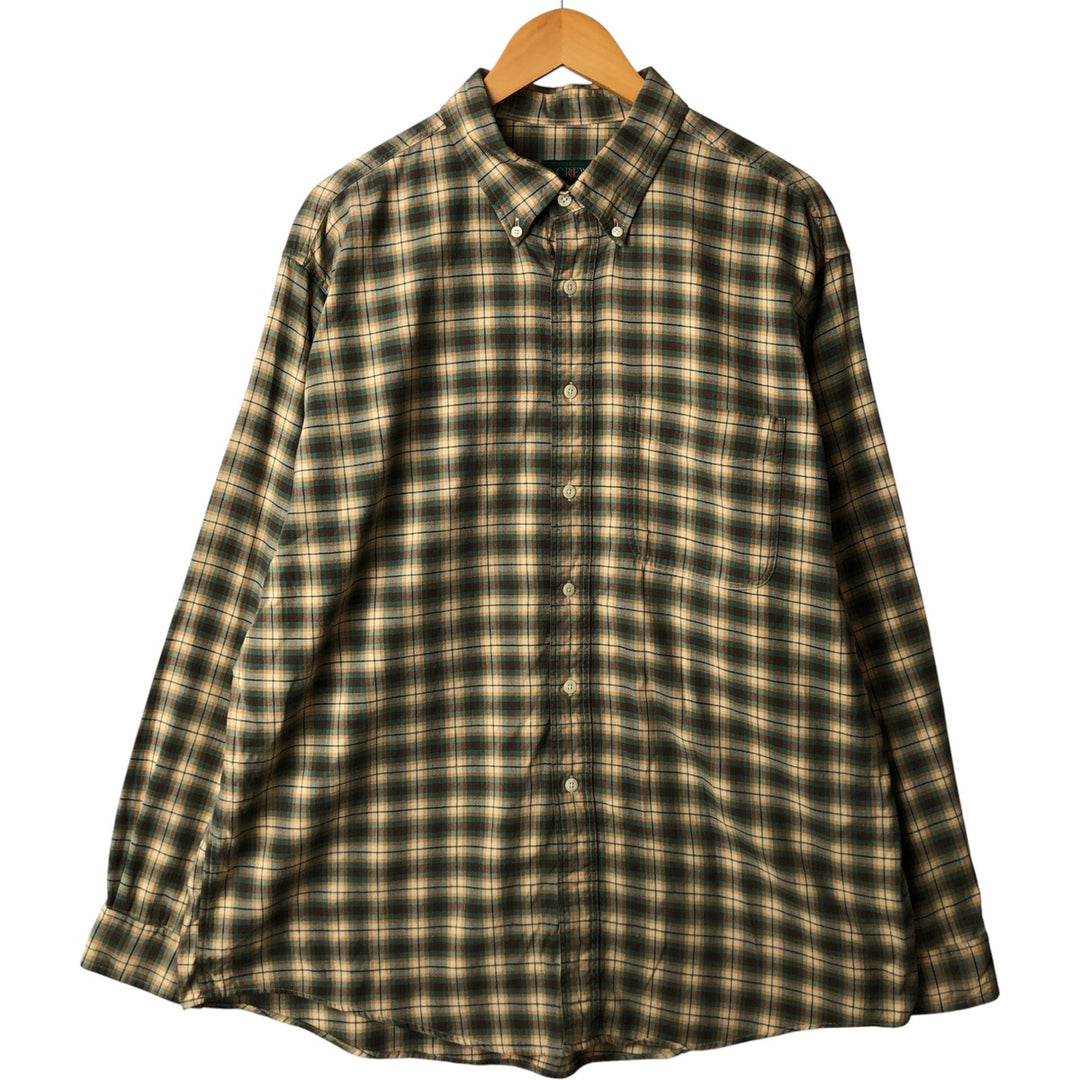90'S J.Crew long-sleeved button-down check shirt, men's size XL, vintage cotton beige type brown Vintage Second Hand