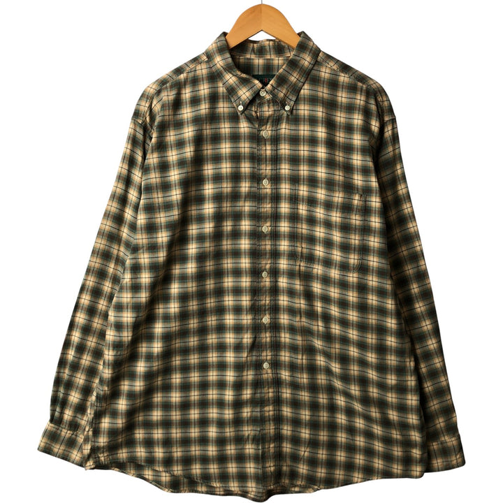 90'S J.Crew long-sleeved button-down check shirt, men's size XL, vintage cotton beige type brown Vintage Second Hand