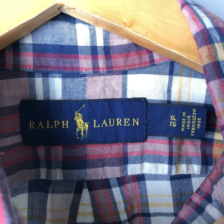 Ralph Lauren Madras Check Short Sleeve Button Down Check Shirt Men's XL cotton navy blue type Vintage Second Hand