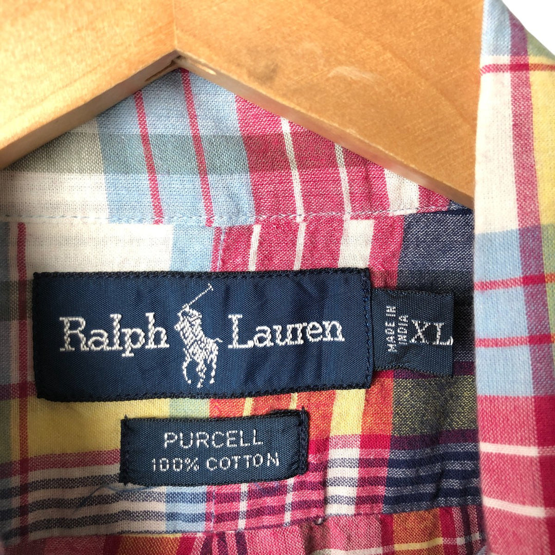 Ralph Lauren PURCELL Madras Check Short Sleeve Button-Down Check Shirt, Men's XL cotton pink type Vintage Second Hand