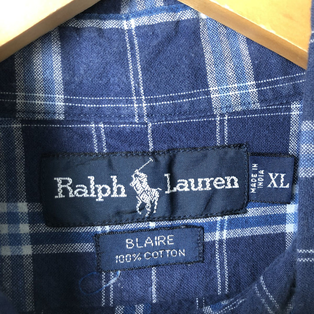 Ralph Lauren BLAIRE short sleeve button down check shirt men's XL size cotton navy blue type Vintage Second Hand