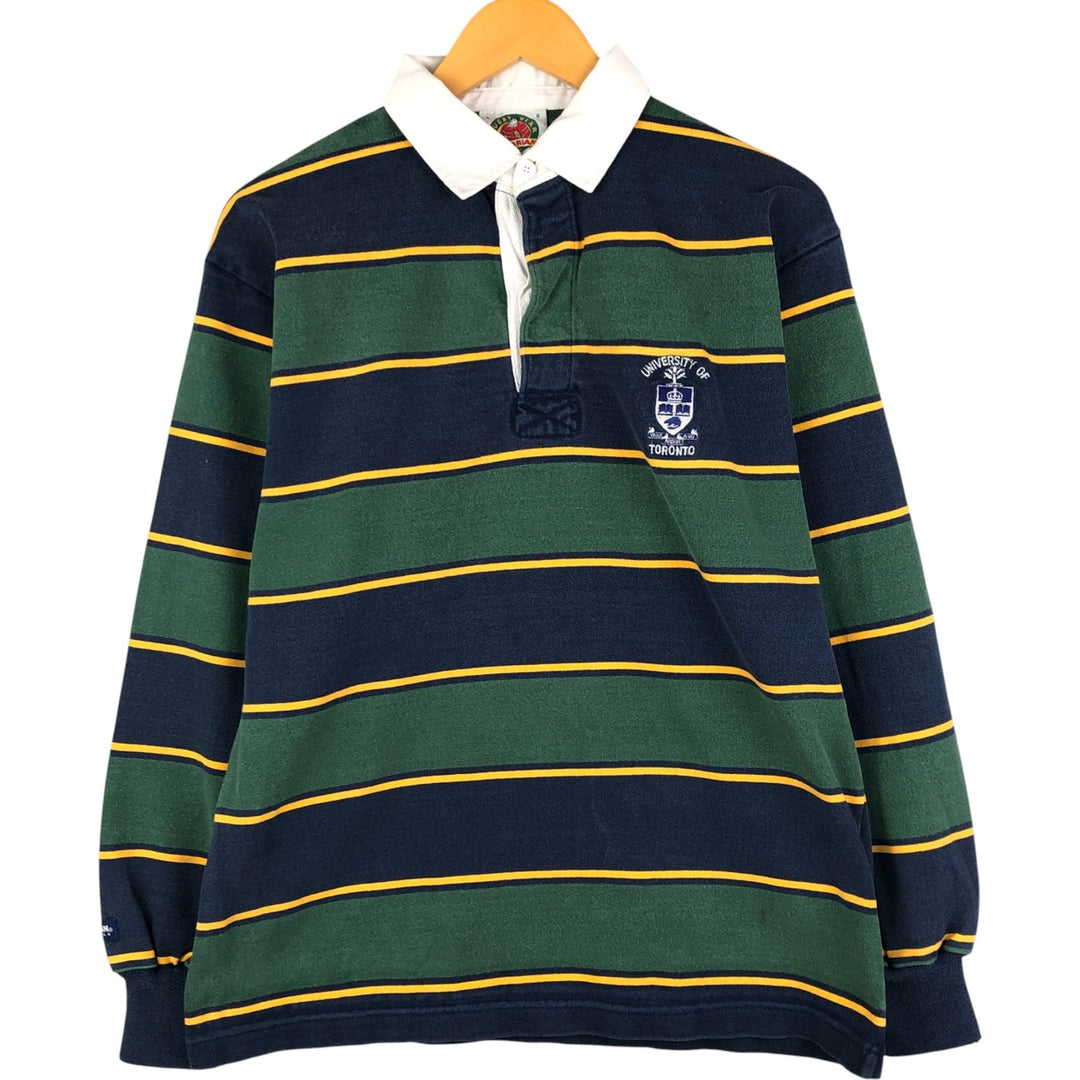 Vintage 90s-00'S BARBARIAN Border Pattern Multi-Border Long Sleeve Rugby Shirt, Made in Canada, Men's Size L cotton navy blue type Vintage Second Hand