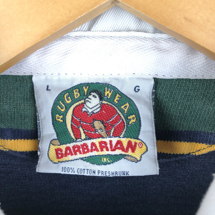 Vintage 90s-00'S BARBARIAN Border Pattern Multi-Border Long Sleeve Rugby Shirt, Made in Canada, Men's Size L cotton navy blue type Vintage Second Hand