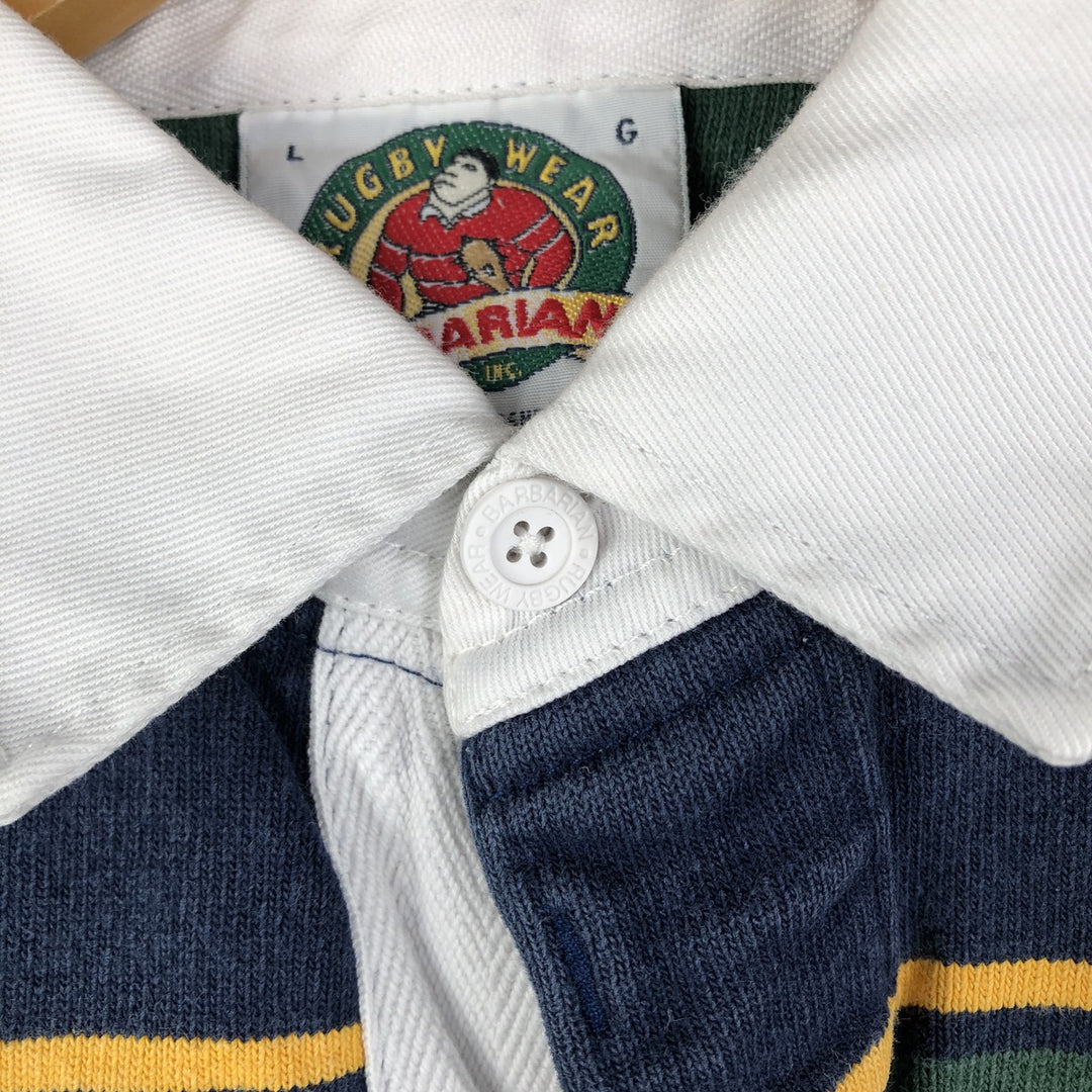 Vintage 90s-00'S BARBARIAN Border Pattern Multi-Border Long Sleeve Rugby Shirt, Made in Canada, Men's Size L cotton navy blue type Vintage Second Hand