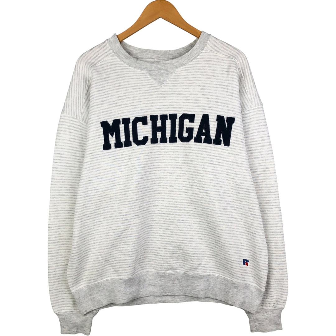 90'S Russell High Cotton Striped University of Michigan College Sweatshirt, Made in USA, Men's Size XL cotton pale white type Vintage Second Hand