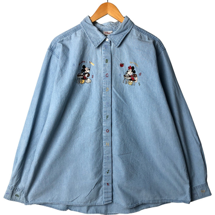 2000'S Disney Store Mickey Mouse long-sleeved cotton shirt, women's size XXL cotton Blue type light blue Vintage Second Hand