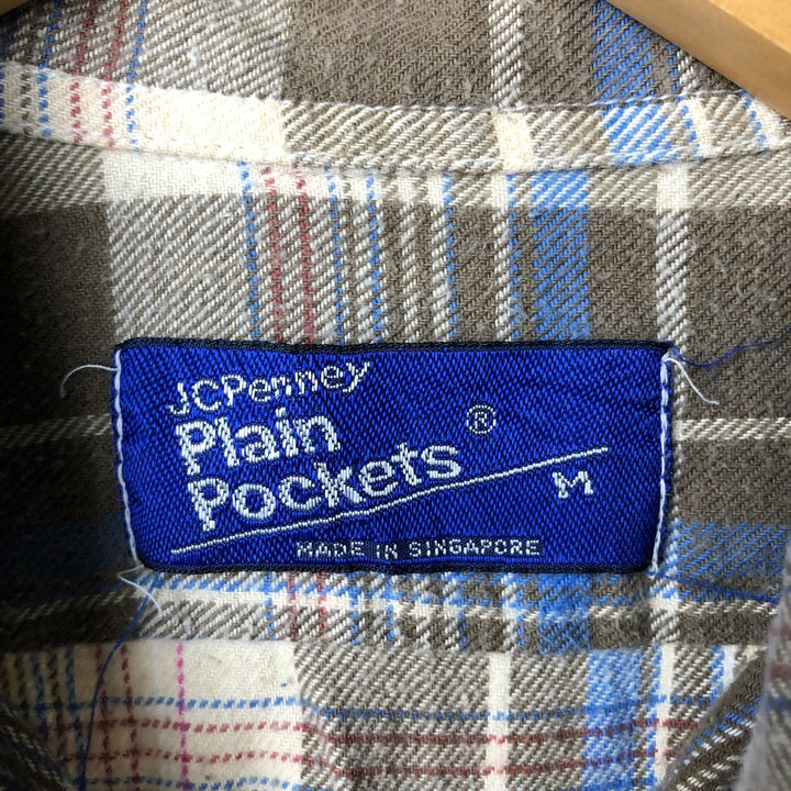 1980'S JCPenney PLAIN POCKETS Check Pattern Long Sleeve Light Flannel Shirt, Women's Size Medium cotton Beige type Vintage Second Hand