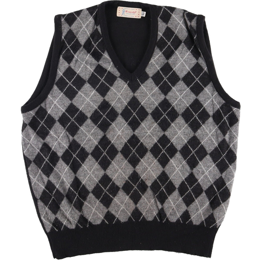 Vintage Briardiff Diamond Pattern V-Neck Acrylic Knit Vest, Made in the USA, Men's Size L acrylic black type Vintage Second Hand