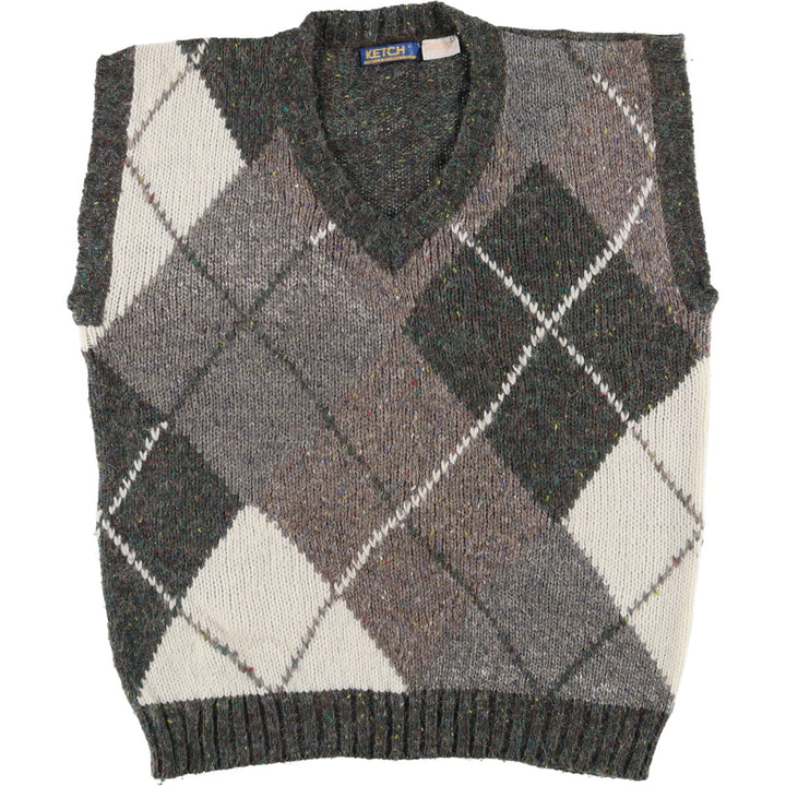 KETCH Diamond Pattern Colored Nep V-Neck Acrylic Knit Vest, Men's Size L acrylic gray type Vintage Second Hand