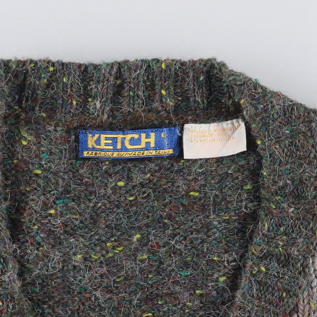 KETCH Diamond Pattern Colored Nep V-Neck Acrylic Knit Vest, Men's Size L acrylic gray type Vintage Second Hand
