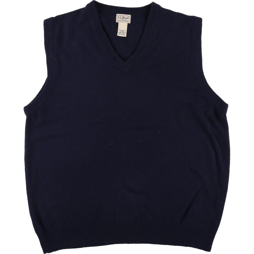 90s-00'S LLBean V-neck wool knit vest, men's size XL Lamb wool navy blue type Vintage Second Hand