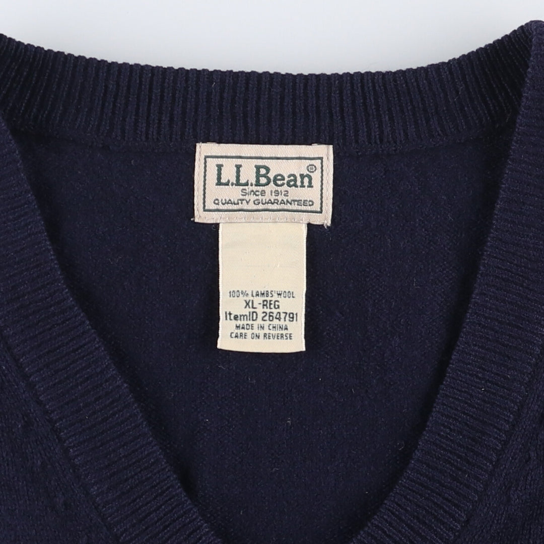 90s-00'S LLBean V-neck wool knit vest, men's size XL Lamb wool navy blue type Vintage Second Hand