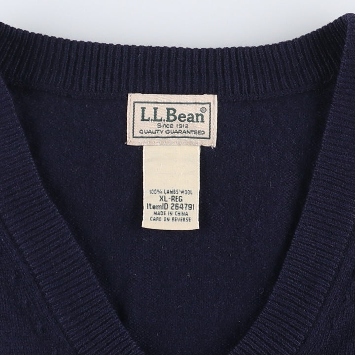 90s-00'S LLBean V-neck wool knit vest, men's size XL Lamb wool navy blue type Vintage Second Hand