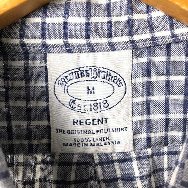 Brooks Brothers Est.1818 Check Pattern Long Sleeve Linen Button Down Shirt Men's M linen navy blue type Vintage Second Hand