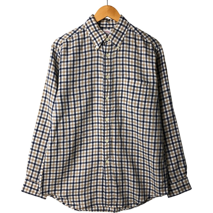 Brooks Brothers Est.1818 Check Pattern Long Sleeve Linen Button Down Shirt Men's M linen navy blue type Vintage Second Hand