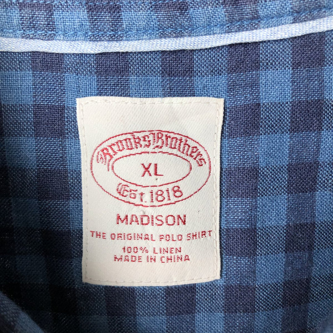 Brooks Brothers Est. 1818 Check Pattern Long Sleeve Linen Button-Down Shirt, Men's Size XL linen blue type Vintage Second Hand