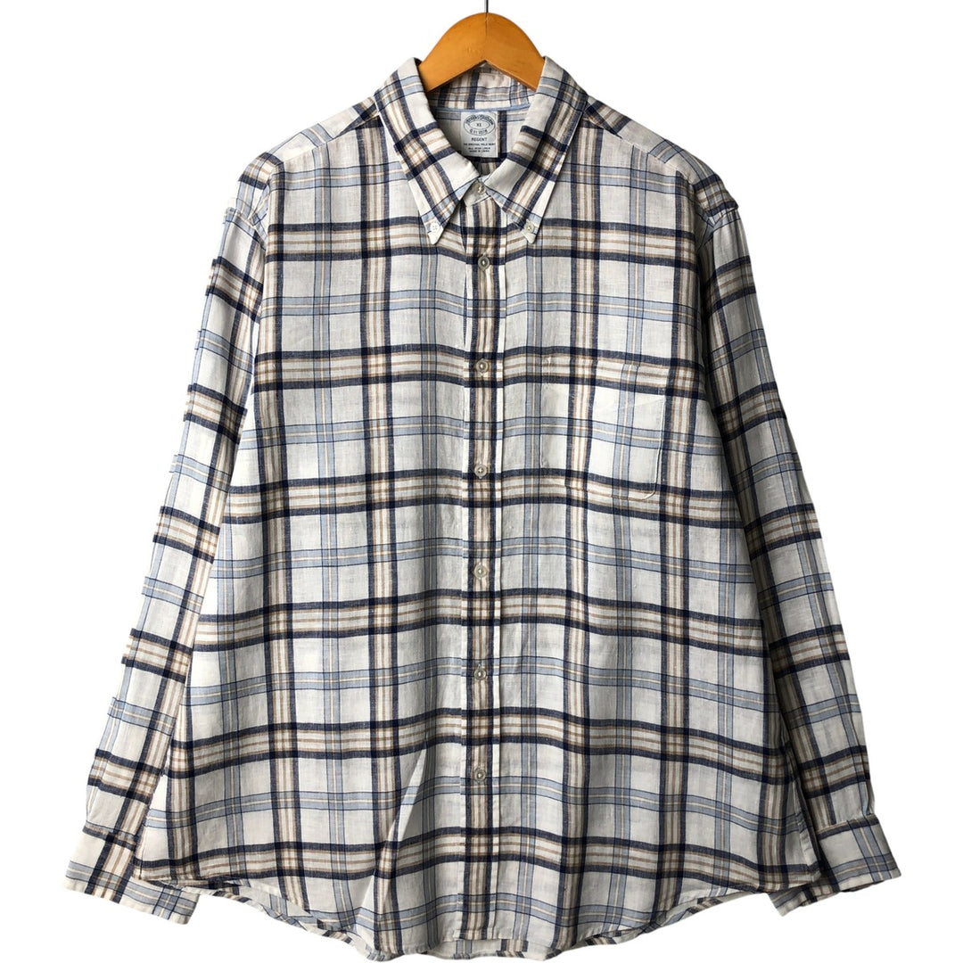 Brooks Brothers Est. 1818 Check Pattern Long Sleeve Linen Button-Down Shirt, Men's Size XL linen pale white type Vintage Second Hand