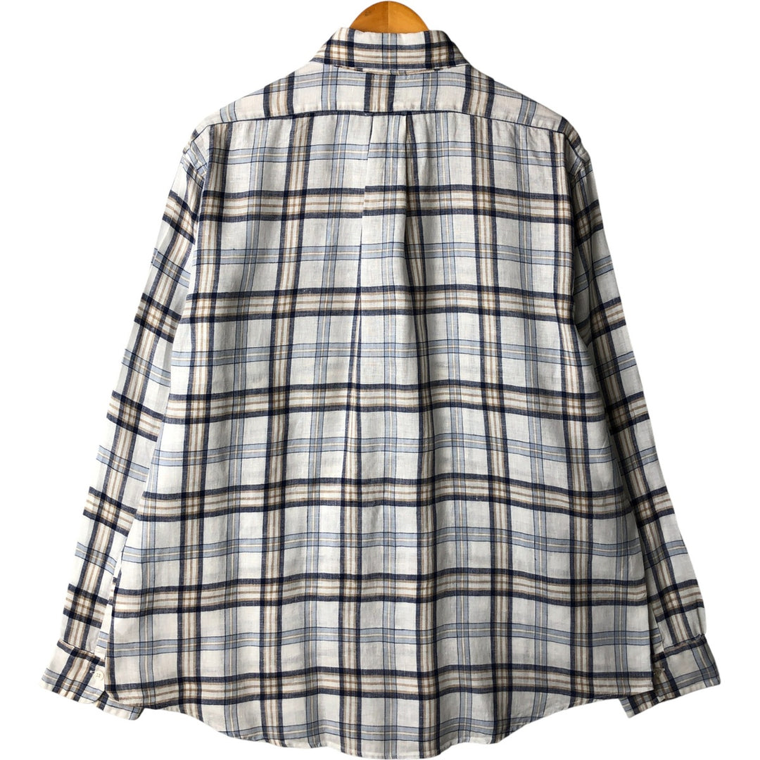 Brooks Brothers Est. 1818 Check Pattern Long Sleeve Linen Button-Down Shirt, Men's Size XL linen pale white type Vintage Second Hand