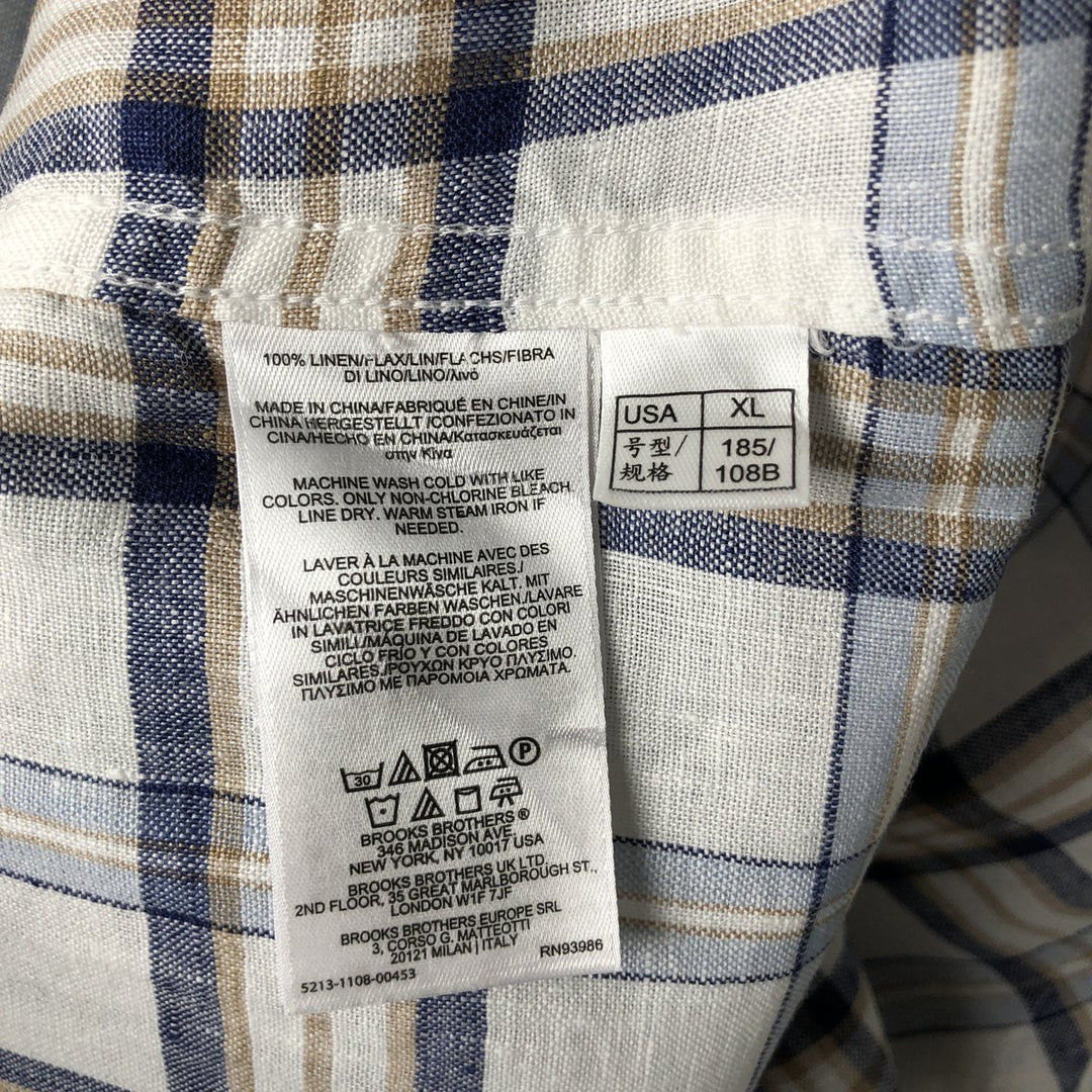Brooks Brothers Est. 1818 Check Pattern Long Sleeve Linen Button-Down Shirt, Men's Size XL linen pale white type Vintage Second Hand