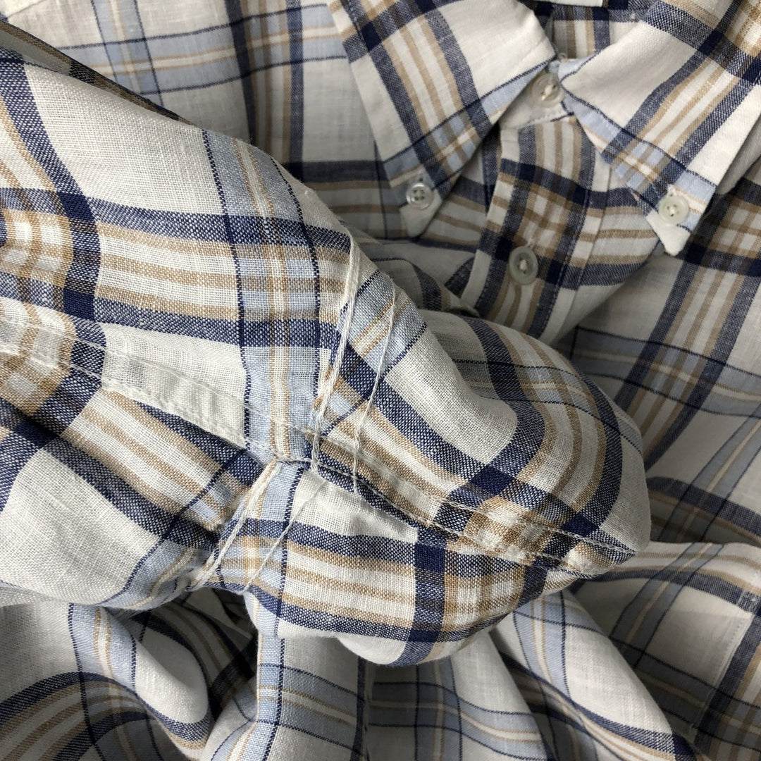 Brooks Brothers Est. 1818 Check Pattern Long Sleeve Linen Button-Down Shirt, Men's Size XL linen pale white type Vintage Second Hand
