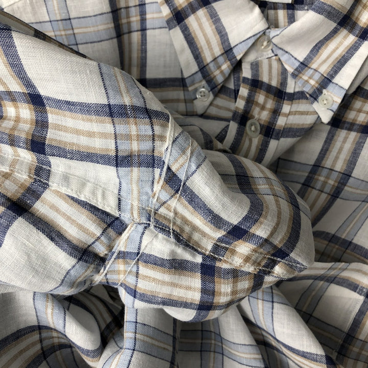 Brooks Brothers Est. 1818 Check Pattern Long Sleeve Linen Button-Down Shirt, Men's Size XL linen pale white type Vintage Second Hand