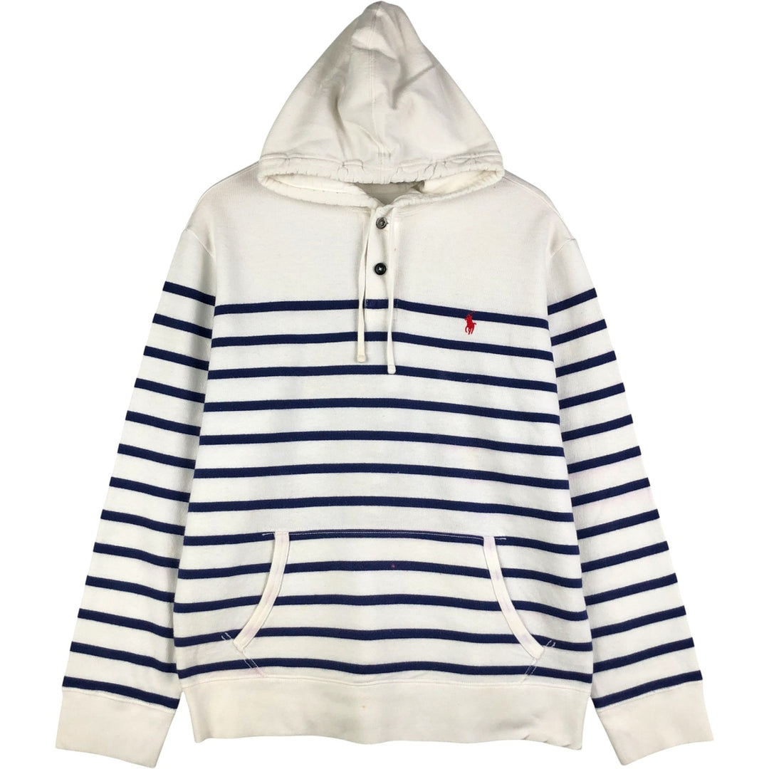 Ralph Lauren POLO RALPH LAUREN Striped Pattern Half-Button Hoodie, Men's XL cotton white type Vintage Second Hand