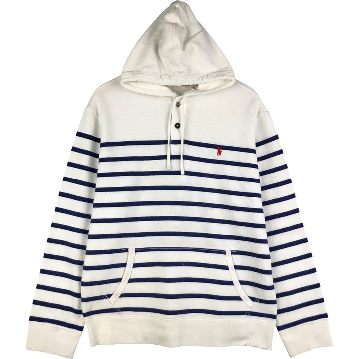 Ralph Lauren POLO RALPH LAUREN Striped Pattern Half-Button Hoodie, Men's XL cotton white type Vintage Second Hand