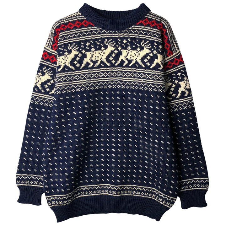 Vintage 70s-80'S LLBean All-Over Snow and Reindeer Pattern Nordic Sweater, Men's Size XL wool navy blue type Vintage Second Hand