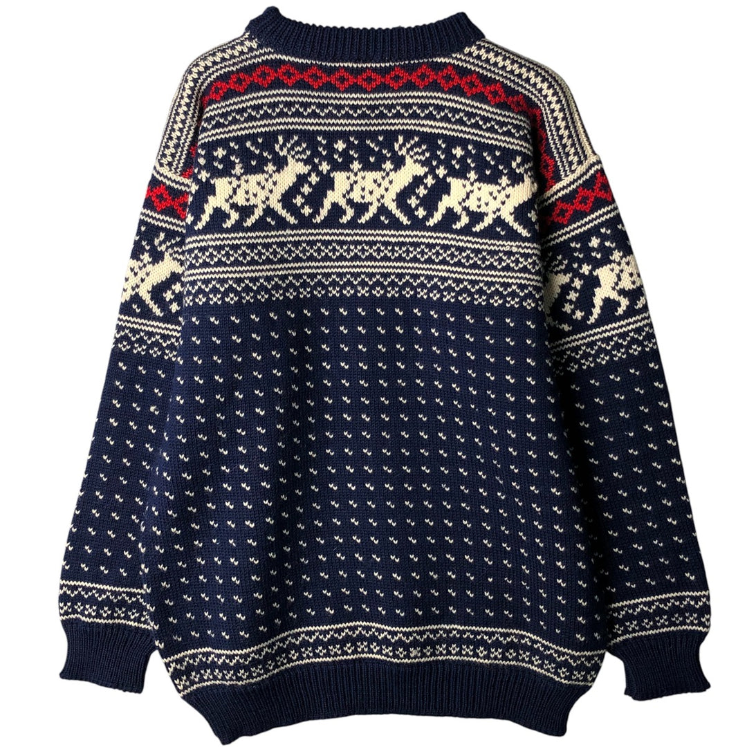 Vintage 70s-80'S LLBean All-Over Snow and Reindeer Pattern Nordic Sweater, Men's Size XL wool navy blue type Vintage Second Hand