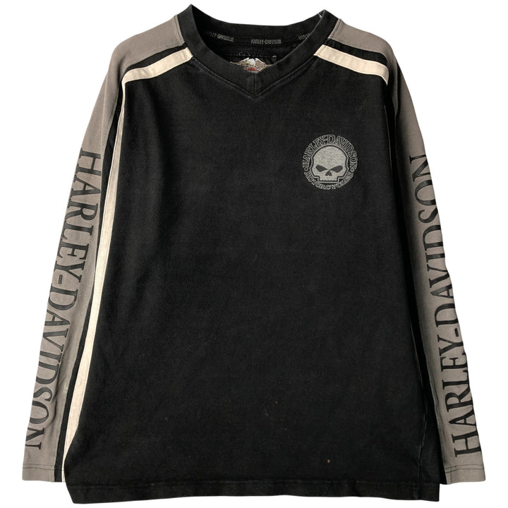 Harley-Davidson Skull Pattern V-neck Long Sleeve T-Shirt, Men's Size Medium cotton black type Vintage Second Hand