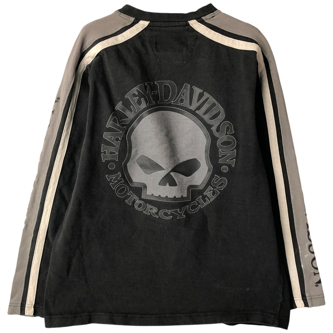 Harley-Davidson Skull Pattern V-neck Long Sleeve T-Shirt, Men's Size Medium cotton black type Vintage Second Hand